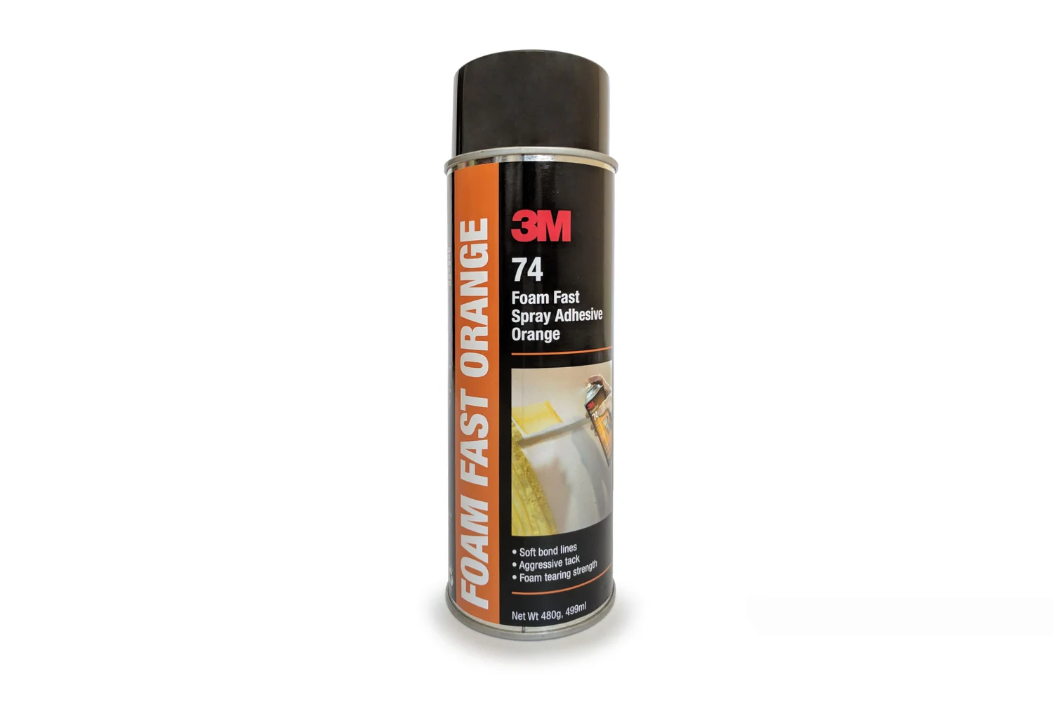 The front of the aerosol can, labelled 3M 74 Foam Fast Spray Adhesive Orange, with a photograph of the nozzle spraying onto foam and the lines Soft bond lines, Aggressive tack and Foam tearing strength.