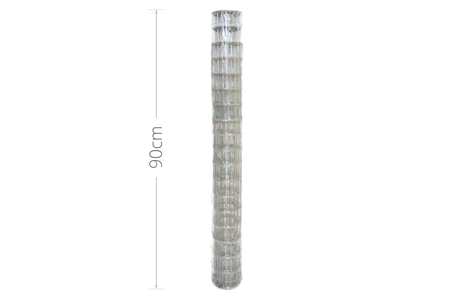 A roll of galvanised steel mesh standing on end in clear wrapping, with a dimension line beside it marked 90cm.