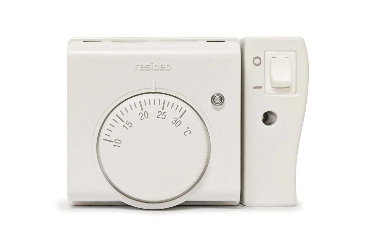 Front view of the square cream unit next to a matching rocker switch plate, the dial scale marked 10, 15, 20, 25, 30 and degrees C.